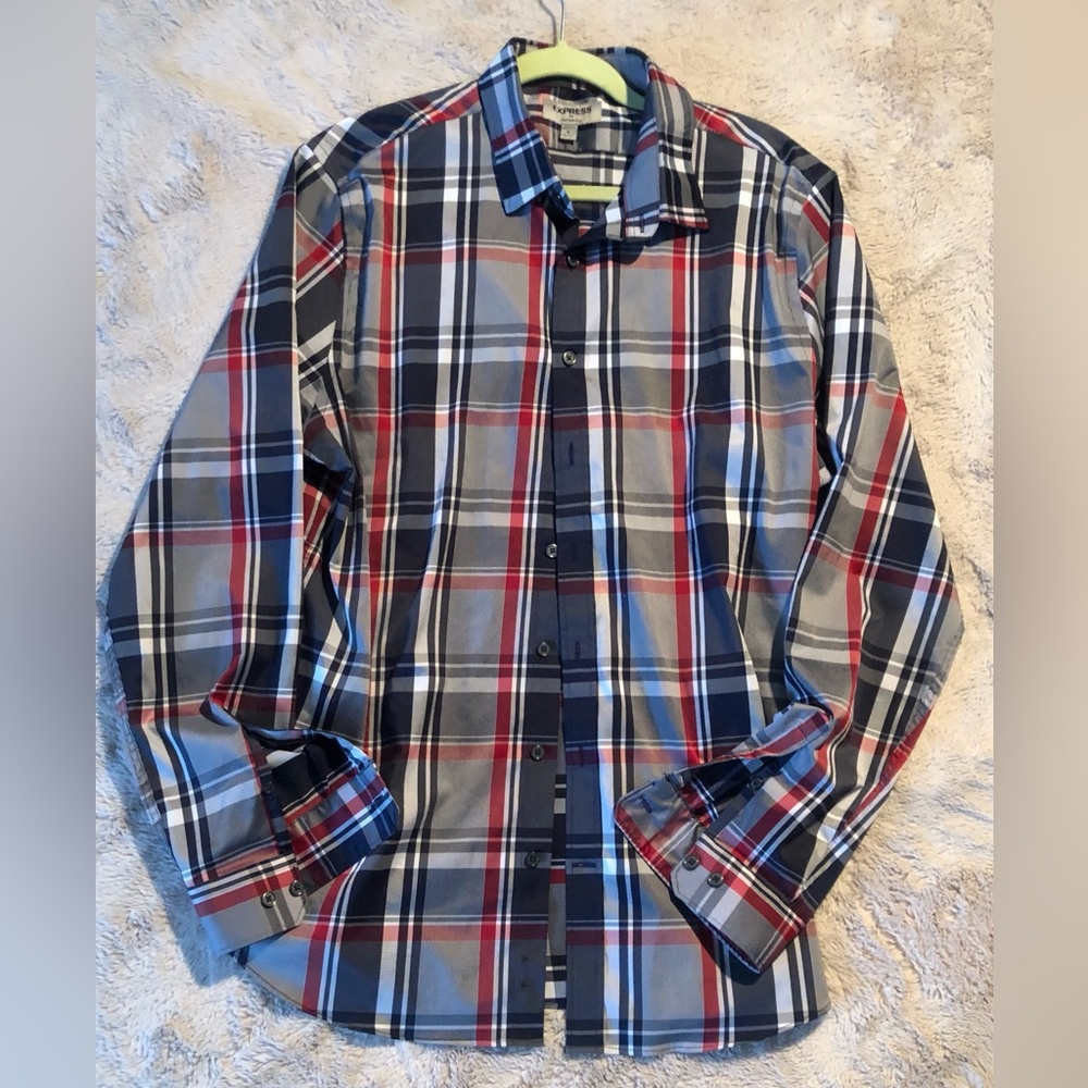 EXPRESS Mens Large Blue Plaid Printed Long Sleeve Button Up Collar Business Shir